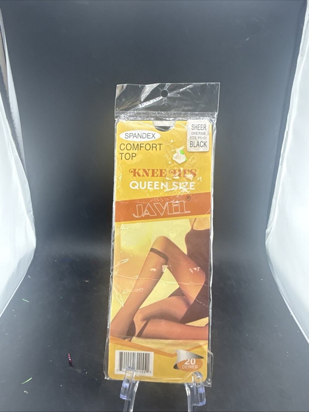 Vintage Javel Queen Size Knee Highs Sheer Black Spandex Comfort Top NOS